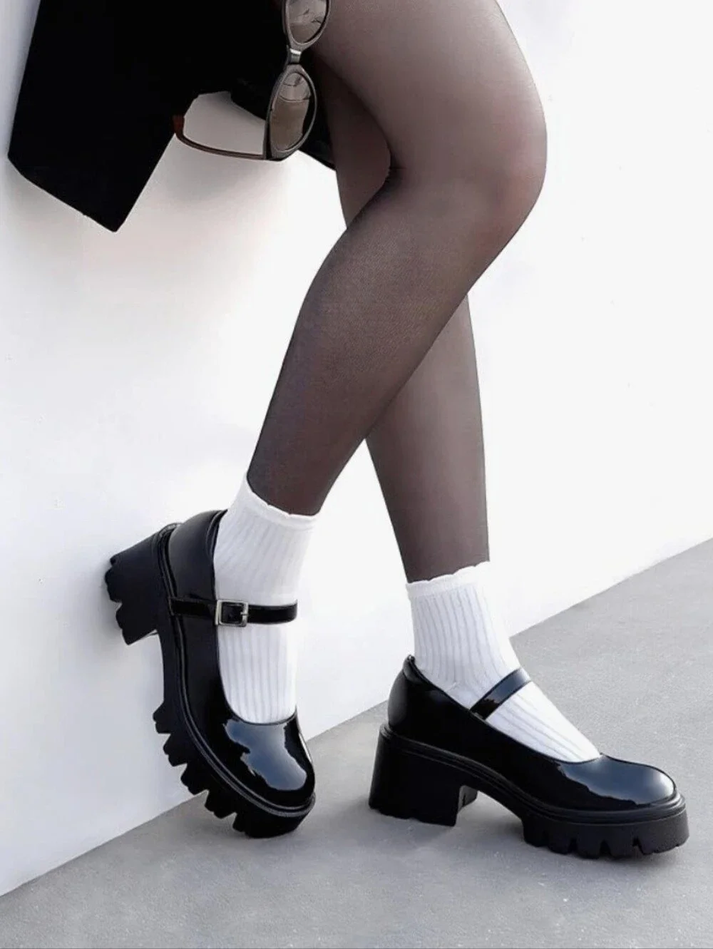 Patent Black Mary Jane Platform Heels with Chunky Tread